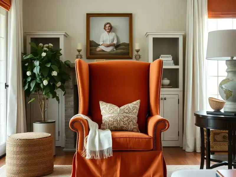 Custom armchair slipcover with decorative pillows