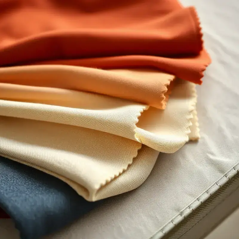Close-up of premium fabric swatches in terracotta and cream colors
