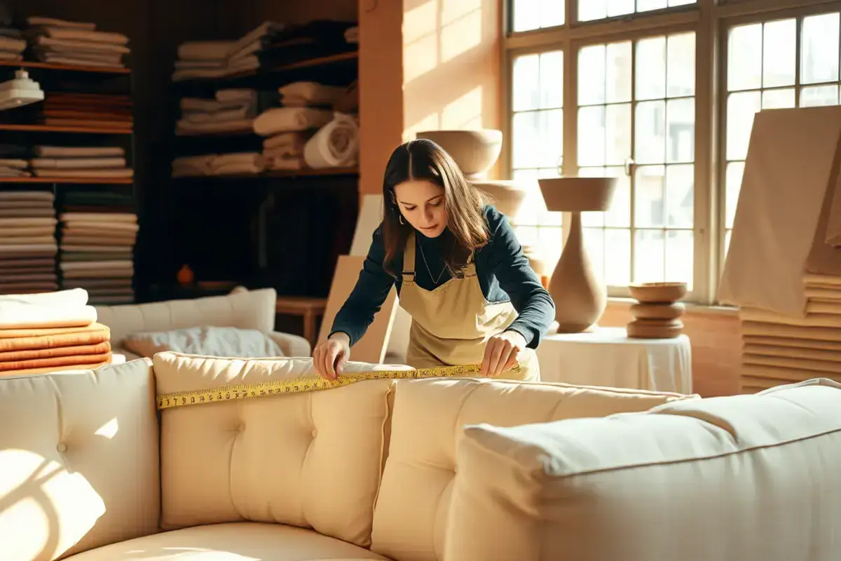 Mary measuring a custom sofa slipcover in her workshop