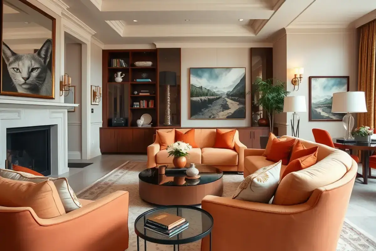 Elegant living room with custom terracotta and cream slipcovers